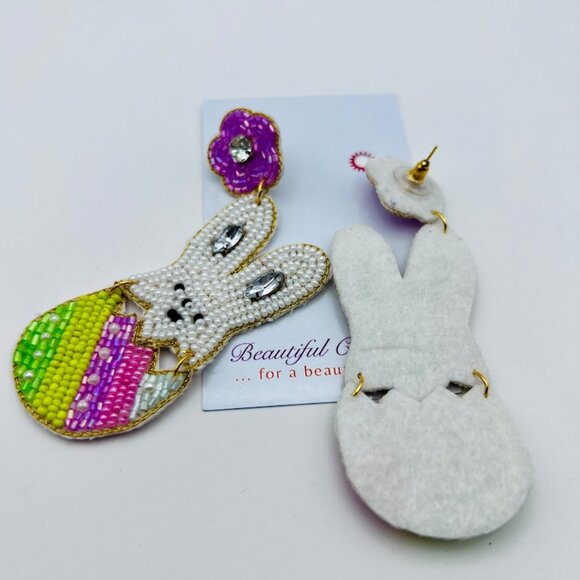 Easter Earrings, Easter Bunny, Seed Bead Easter Earrings, Hand Beaded Earrings - Picture 2 of 3